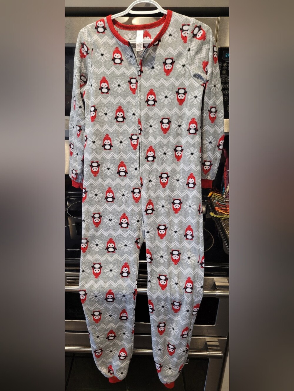 George Gray Pajama Onesie with Red Penguin Print - Holiday/Christmas